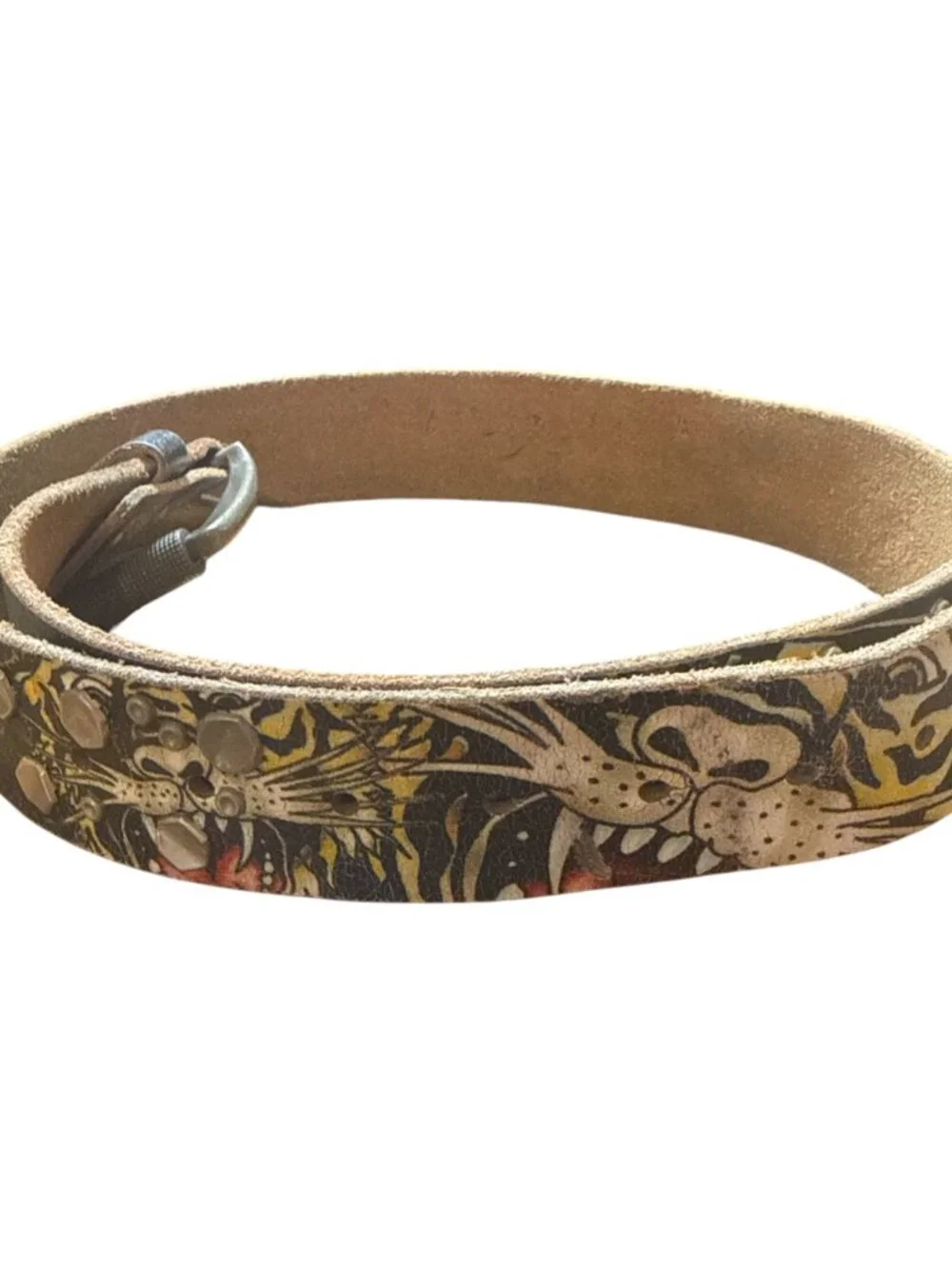 2 Vintage ED HARDY Belts Black & White Studded Tattooed Leather Skull Heart 34